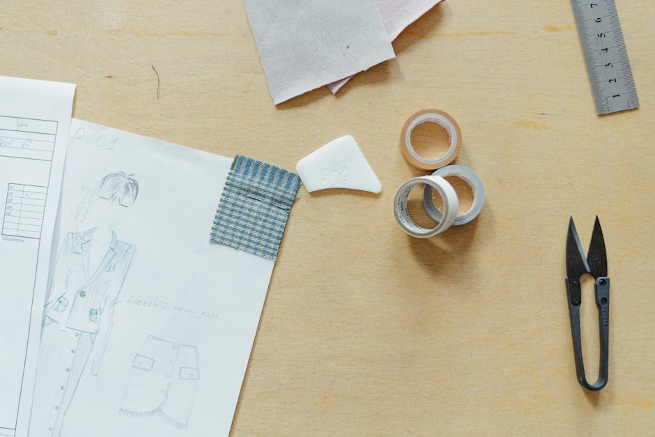 Flat lay of a fashion designer's desk with sketch, fabric samples, and sewing tools.